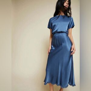 Nation LTD Satin Mabel Bias Midi Skirt in Atlantic Blue XS NWOT
